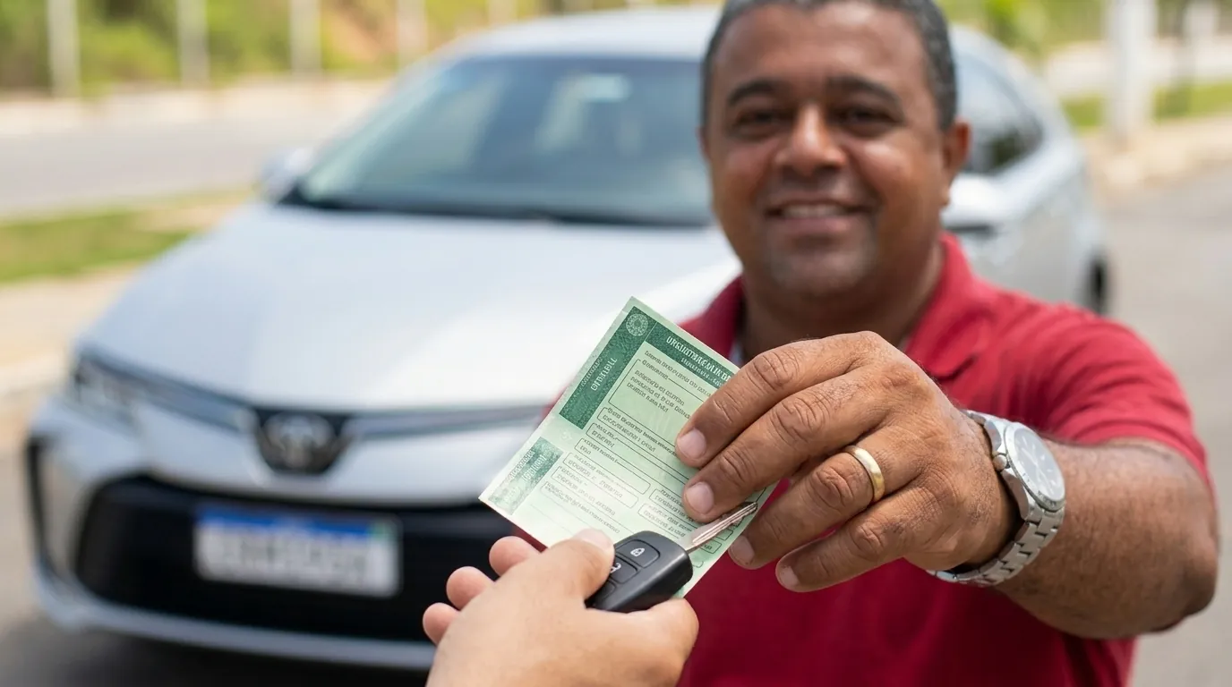 Diego entregando o documento do veículo ao cliente, com o carro emplacado ao fundo